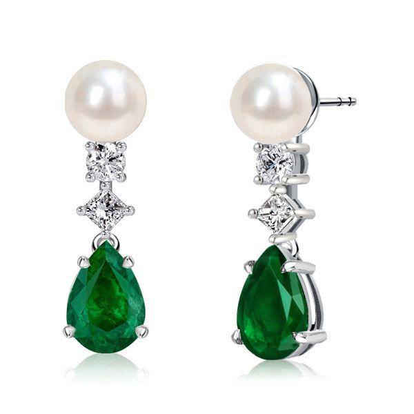 Pear Cut Emerald Green Pearl Drop Earrings in Sterling Silver