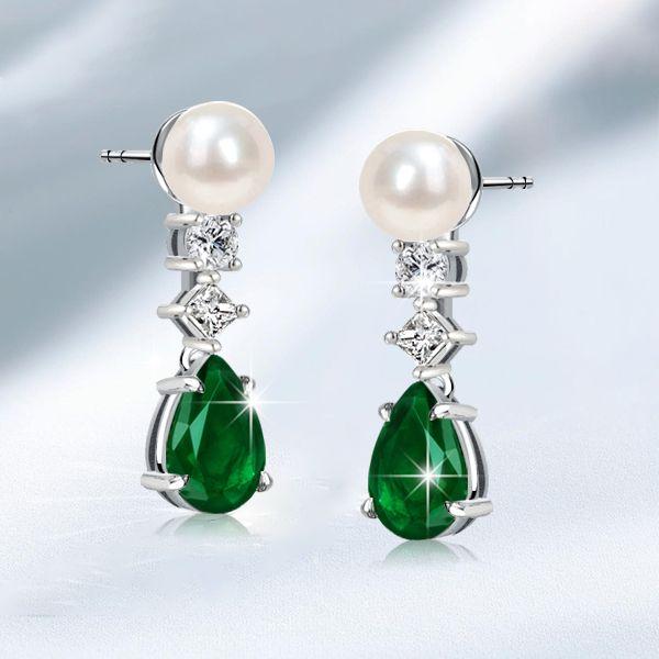 Pear Cut Emerald Green Pearl Drop Earrings in Sterling Silver