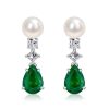 Pear Cut Emerald Green Pearl Drop Earrings in Sterling Silver