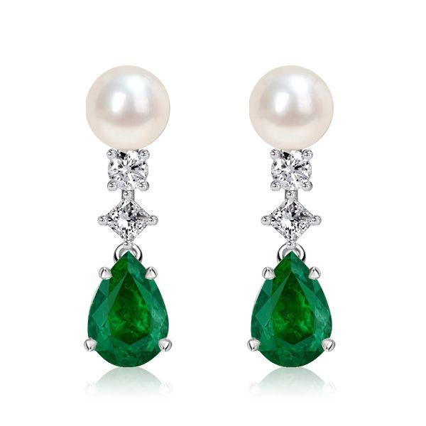 Pear Cut Emerald Green Pearl Drop Earrings in Sterling Silver