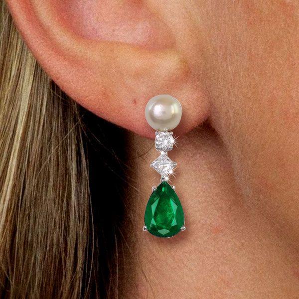 Pear Cut Emerald Green Pearl Drop Earrings in Sterling Silver