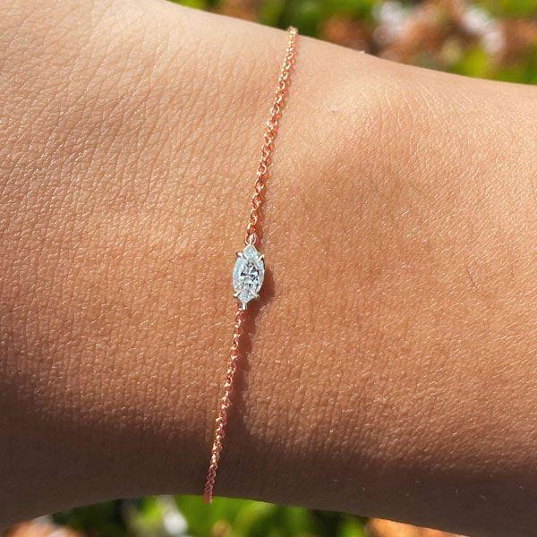 Rose Gold Marquise CZ Bracelet - Dainty Single Stone - Sterling Silver