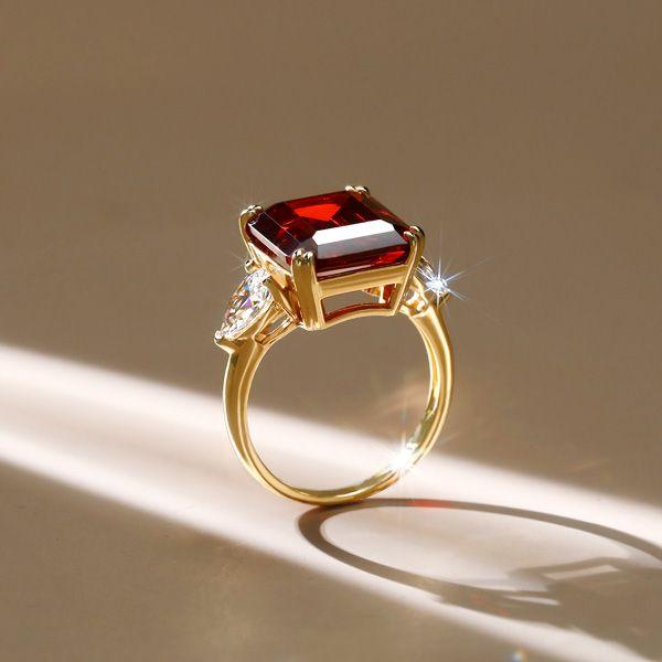 Three Stone Garnet & Emerald Ring - 18K Gold Plated Sterling Silver