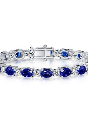 Blue & White Sapphire Alternating Oval Tennis Bracelet in Sterling Silver