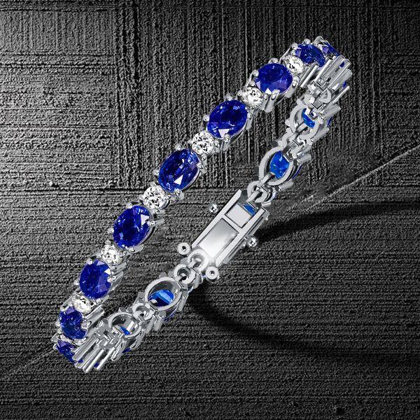 Blue & White Sapphire Alternating Oval Tennis Bracelet in Sterling Silver