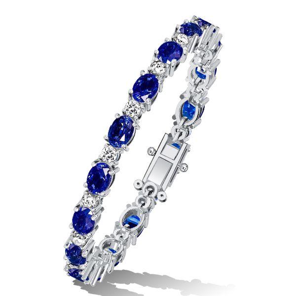 Blue & White Sapphire Alternating Oval Tennis Bracelet in Sterling Silver