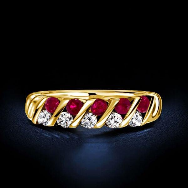 Affordable Golden Round Cut Ruby and White Sapphire Wedding Band in 18K Gold Plated Sterling Silver