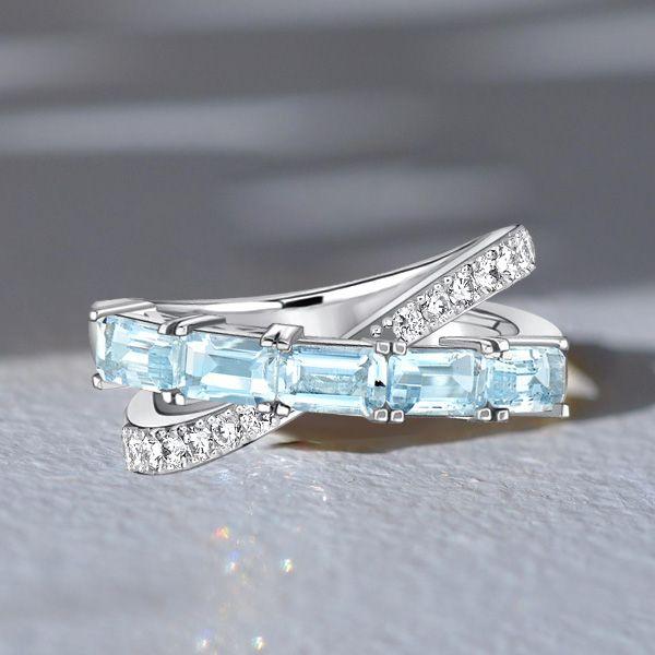 Aquamarine Baguette Criss-Cross Wedding Band in Sterling Silver (1.67 CT TW)
