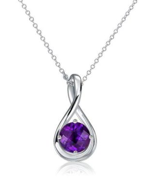 Amethyst Pendant Necklace for Women - 925 Sterling Silver Round Cut Drop