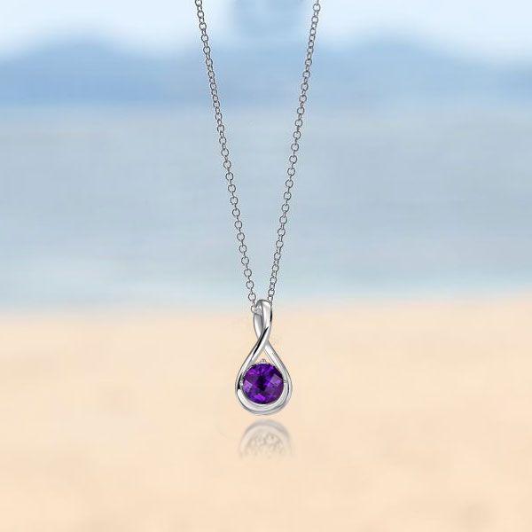 Amethyst Pendant Necklace for Women - 925 Sterling Silver Round Cut Drop