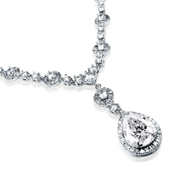 Sterling Silver Halo Pear & Round Pendant Necklace - 18 Inch Chain