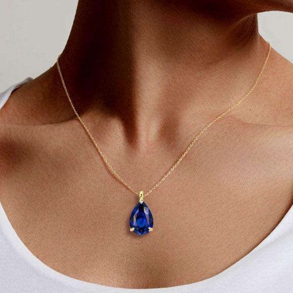 Pear Cut Blue Solitaire Pendant Necklace - 925 Sterling Silver