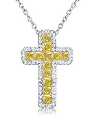 Yellow Topaz Cushion Cut Cross Pendant Necklace in Sterling Silver - Choose Your Length