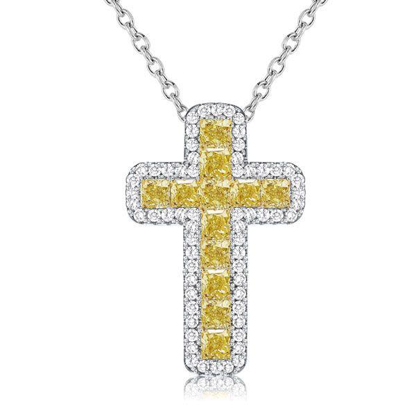 Yellow Topaz Cushion Cut Cross Pendant Necklace in Sterling Silver - Choose Your Length