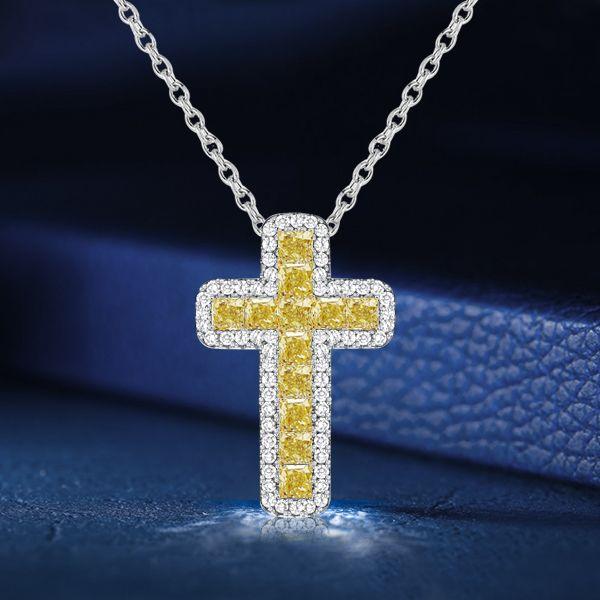 Yellow Topaz Cushion Cut Cross Pendant Necklace in Sterling Silver - Choose Your Length