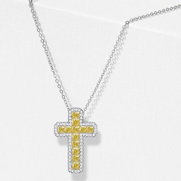 Yellow Topaz Cushion Cut Cross Pendant Necklace in Sterling Silver - Choose Your Length