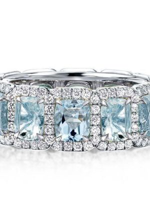 Aquamarine Halo Cushion Cut Wedding Band in Sterling Silver
