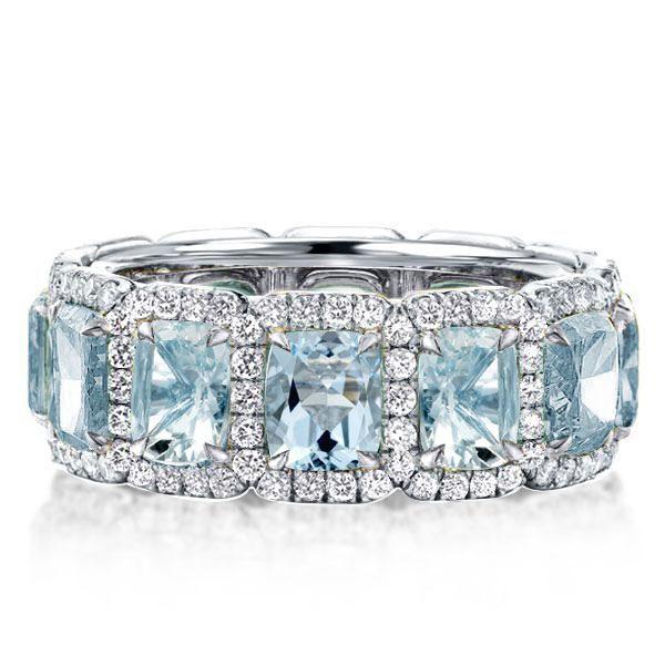 Aquamarine Halo Cushion Cut Wedding Band in Sterling Silver