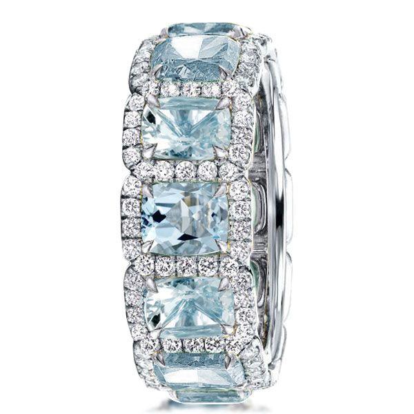 Aquamarine Halo Cushion Cut Wedding Band in Sterling Silver