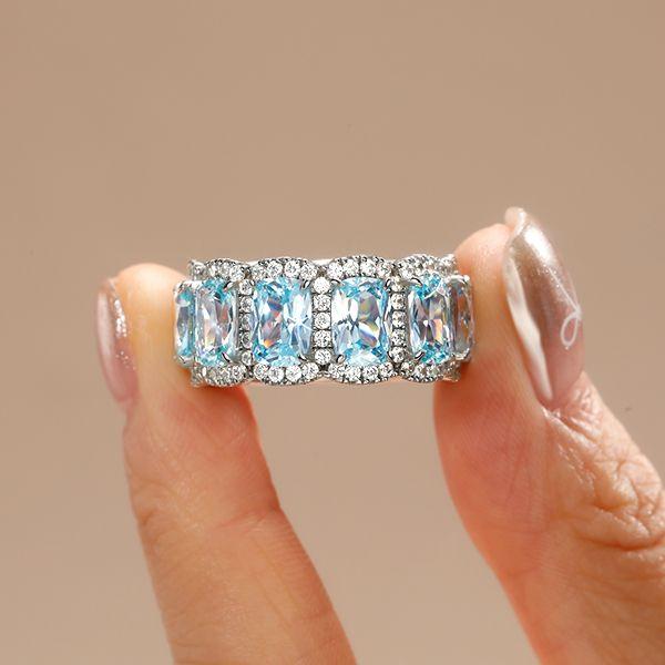 Aquamarine Halo Cushion Cut Wedding Band in Sterling Silver