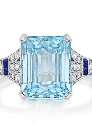 Art Deco Aquamarine Engagement Ring - Milgrain Sterling Silver