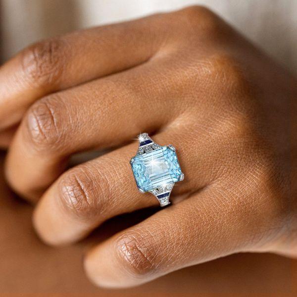 Art Deco Aquamarine Engagement Ring - Milgrain Sterling Silver