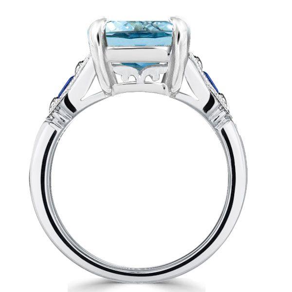 Art Deco Aquamarine Engagement Ring - Milgrain Sterling Silver