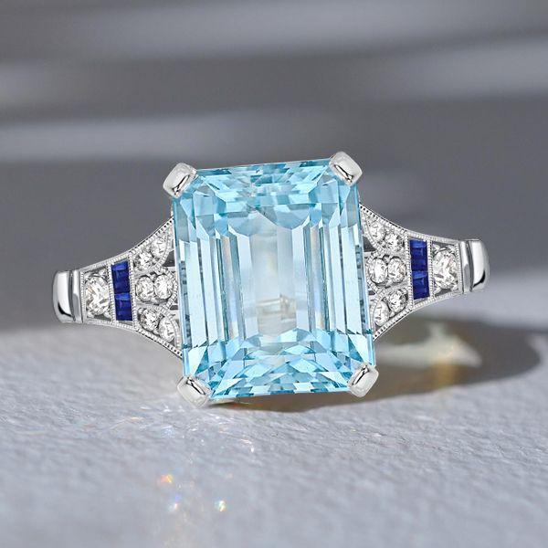 Art Deco Aquamarine Engagement Ring - Milgrain Sterling Silver