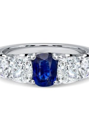 5 Stone Cushion Cut Blue Sapphire Wedding Band in Sterling Silver with Rhodium Finish