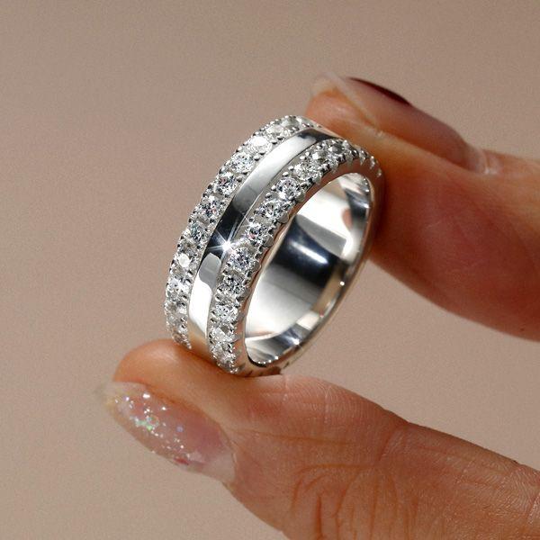 Triple Row Created White Sapphire Wedding Band - Sterling Silver