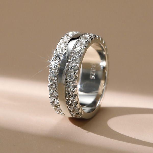 Triple Row Created White Sapphire Wedding Band - Sterling Silver