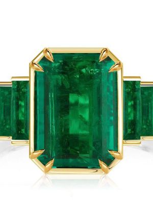 Emerald Cut Green Simulated Emerald Engagement Ring - 18K Gold Plated Sterling Silver