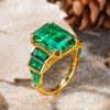 Emerald Cut Green Simulated Emerald Engagement Ring - 18K Gold Plated Sterling Silver