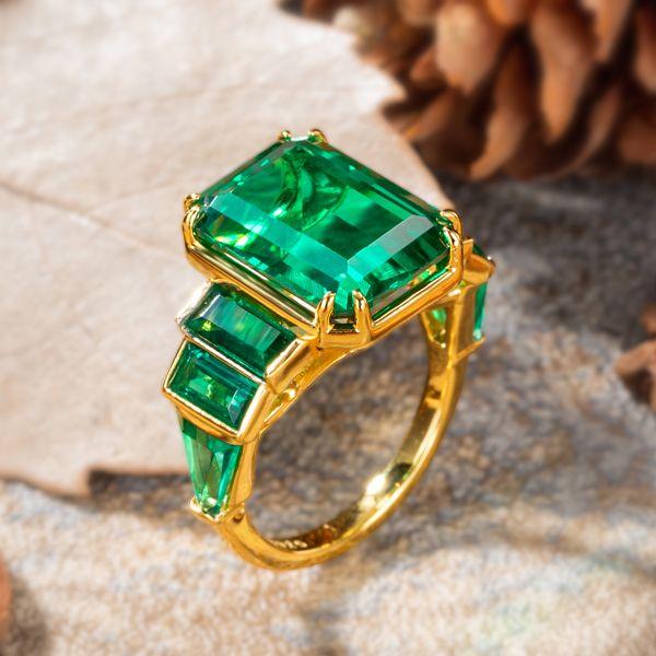 Emerald Cut Green Simulated Emerald Engagement Ring - 18K Gold Plated Sterling Silver