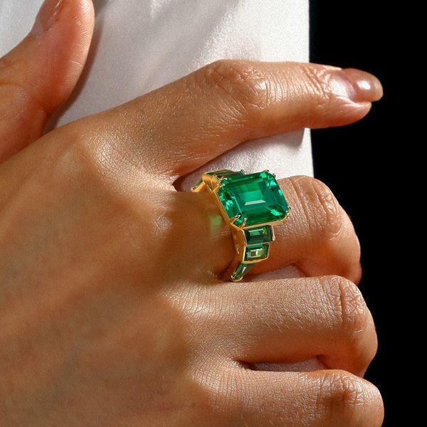 Emerald Cut Green Simulated Emerald Engagement Ring - 18K Gold Plated Sterling Silver
