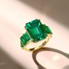 Emerald Cut Green Simulated Emerald Engagement Ring - 18K Gold Plated Sterling Silver
