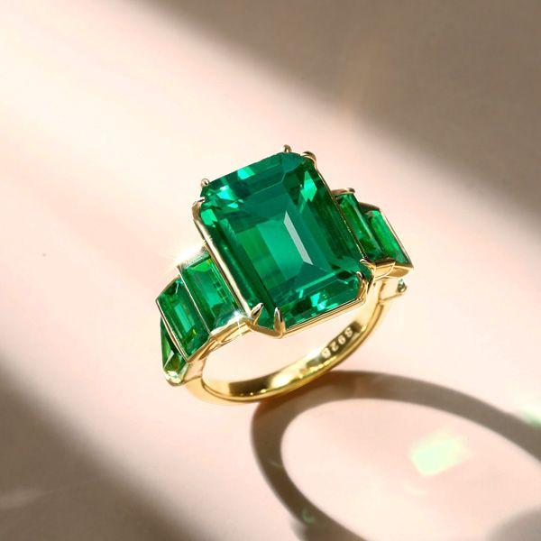 Emerald Cut Green Simulated Emerald Engagement Ring - 18K Gold Plated Sterling Silver