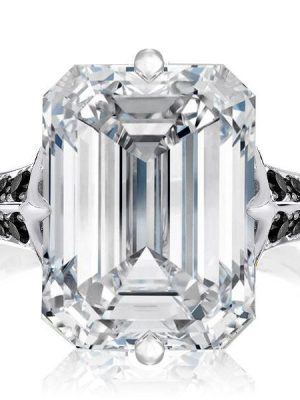 Emerald Cut White & Black Sapphire Engagement Ring - 925 Sterling Silver