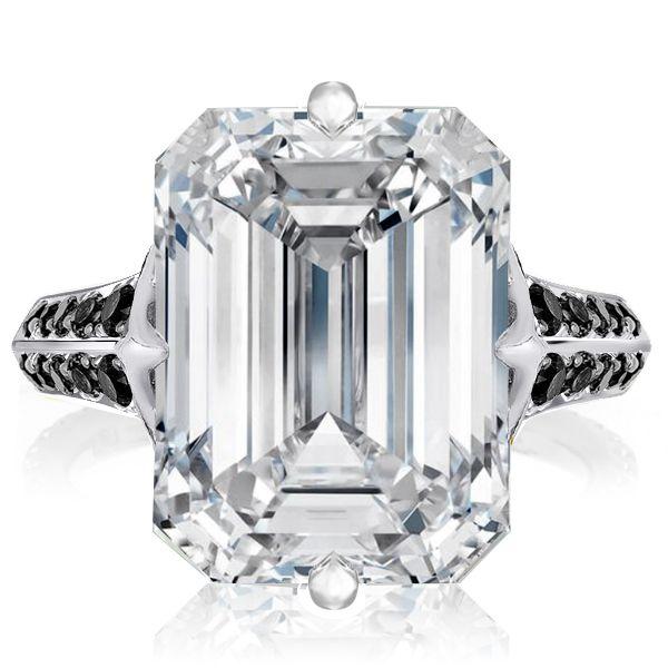 Emerald Cut White & Black Sapphire Engagement Ring - 925 Sterling Silver