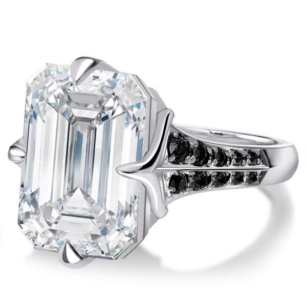 Emerald Cut White & Black Sapphire Engagement Ring - 925 Sterling Silver