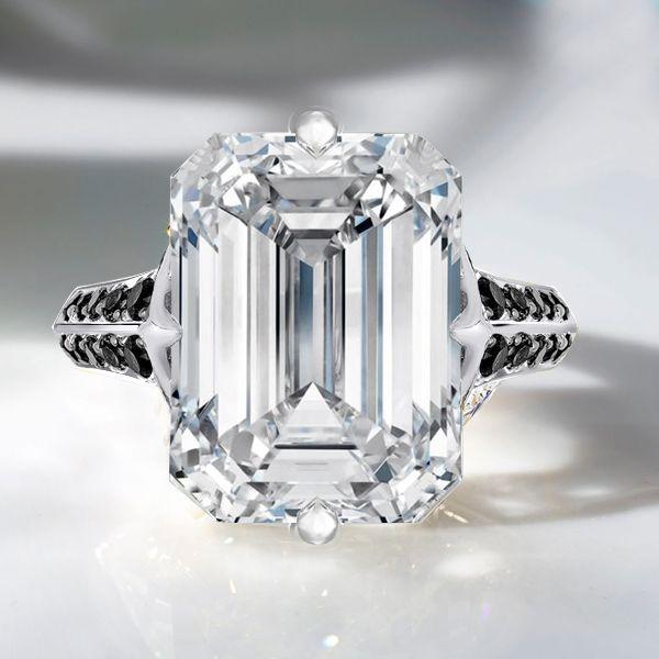 Emerald Cut White & Black Sapphire Engagement Ring - 925 Sterling Silver
