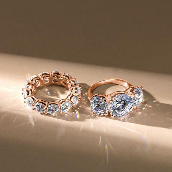 Rose Gold Three Stone Engagement Ring Set - 18K Plated Sterling Silver