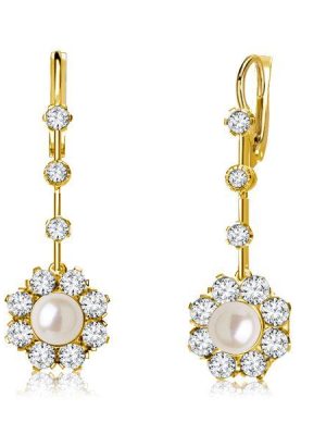 18K Gold Plated Sterling Silver Halo Pearl Drop Earrings for Women