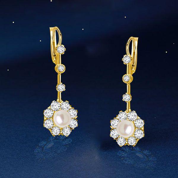18K Gold Plated Sterling Silver Halo Pearl Drop Earrings for Women