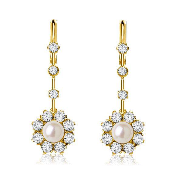 18K Gold Plated Sterling Silver Halo Pearl Drop Earrings for Women