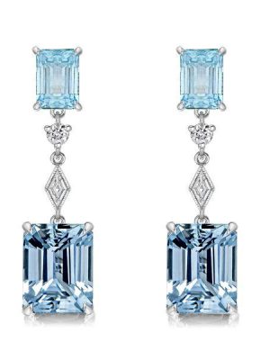 Emerald Cut Blue Topaz Earrings - Sterling Silver Dangle Drops