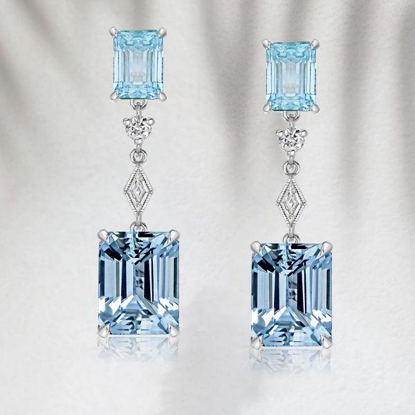 Emerald Cut Blue Topaz Earrings - Sterling Silver Dangle Drops