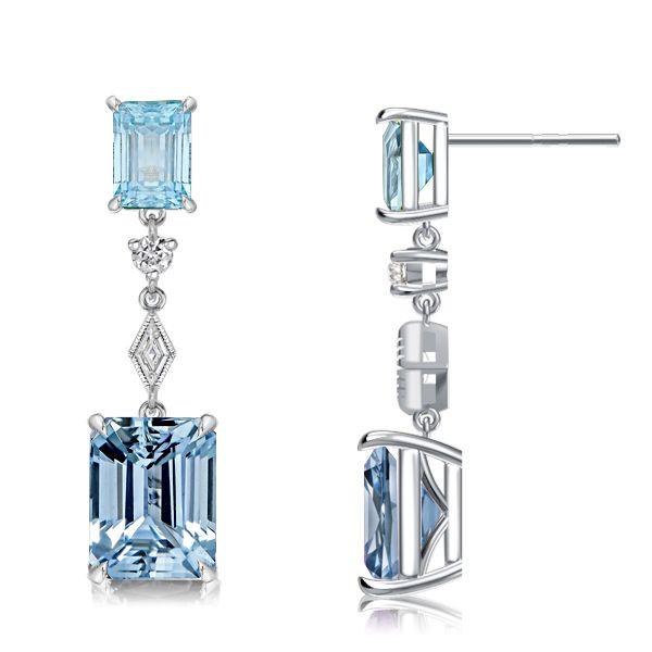 Emerald Cut Blue Topaz Earrings - Sterling Silver Dangle Drops