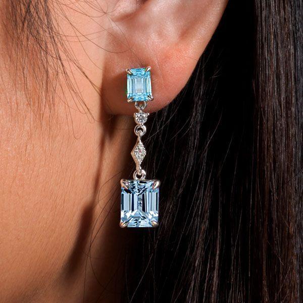 Emerald Cut Blue Topaz Earrings - Sterling Silver Dangle Drops