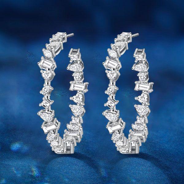 Sterling Silver Mixed Shape CZ Hoop Earrings for Women - Large, Sparkly, Nickel-Free